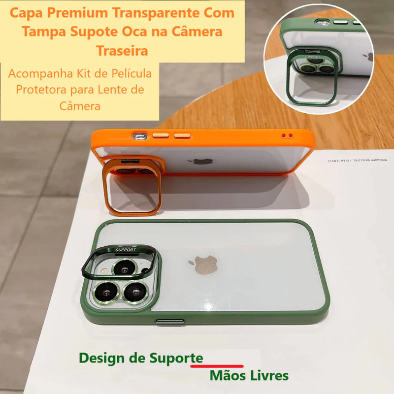 Support - Capinha Capa Premium Tampa Suporte Oca Kit de Lente Proteção de Câmera iPhone 11 12 13 14 15 Pro Max ProMax